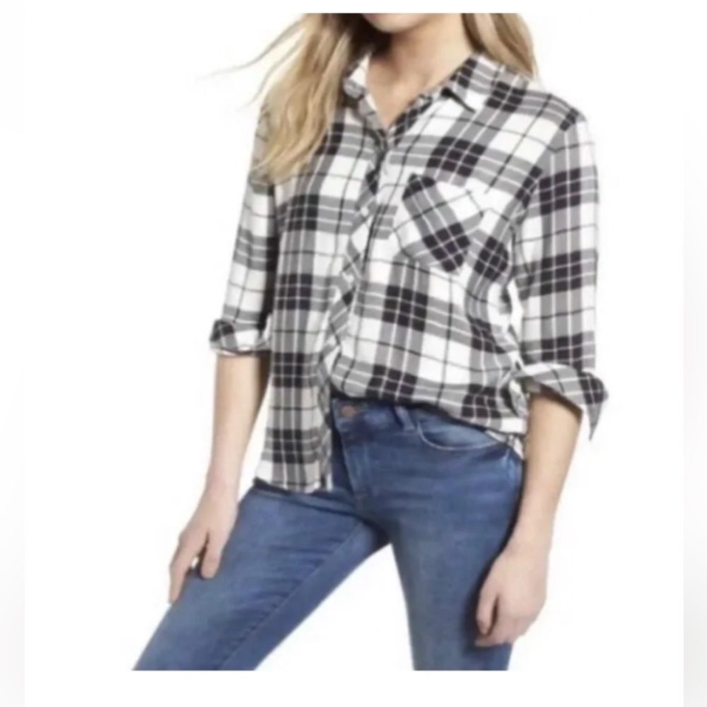 Lucky Brand Women White & Black Plaid Long Sleeve Button-Down Shirt Size XL